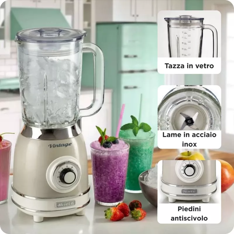 Ariete 583, Vintage Blender with 1.5 Liter glass cup, 4 Stainless Steel Blades, 4 Speeds + Pulse, 1000 Watt, Beige