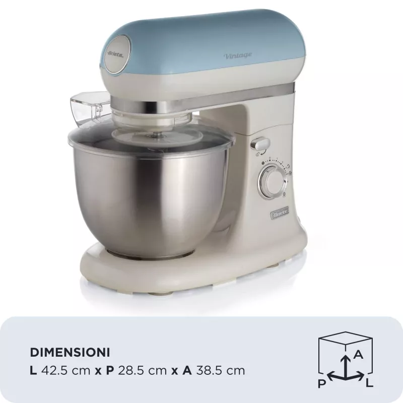 Ariete 1588 Vintage Mixer, Planetary Mixer for bread, pizza, cakes and pastries,5.5 L Capacity, 7 speeds, 2400 Watts, Pastel Blue