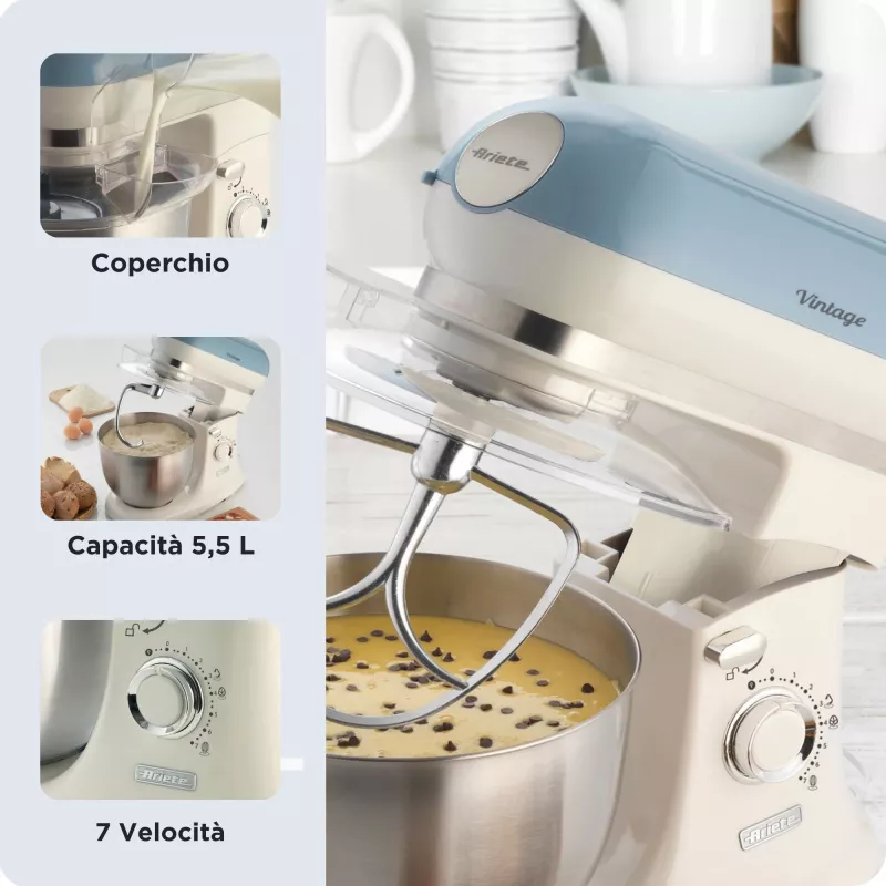 Ariete 1588 Vintage Mixer, Planetary Mixer for bread, pizza, cakes and pastries,5.5 L Capacity, 7 speeds, 2400 Watts, Pastel Blue