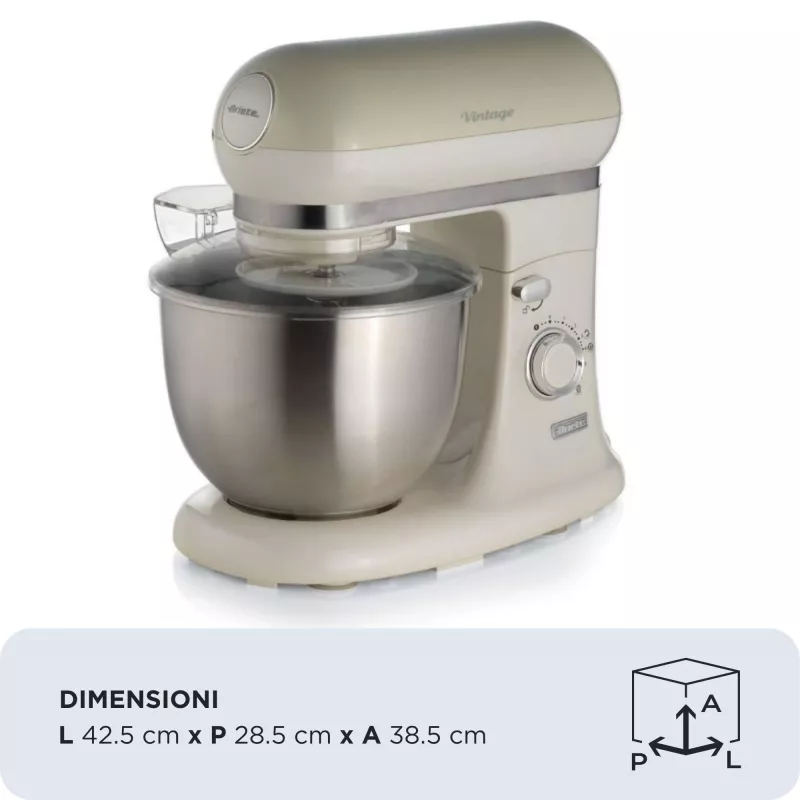 Ariete 1588 Vintage Mixer, Planetary Mixer for bread, pizza, cakes and pastries,5.5 L Capacity, 7 speeds, 2400 Watts, Pastel Beige