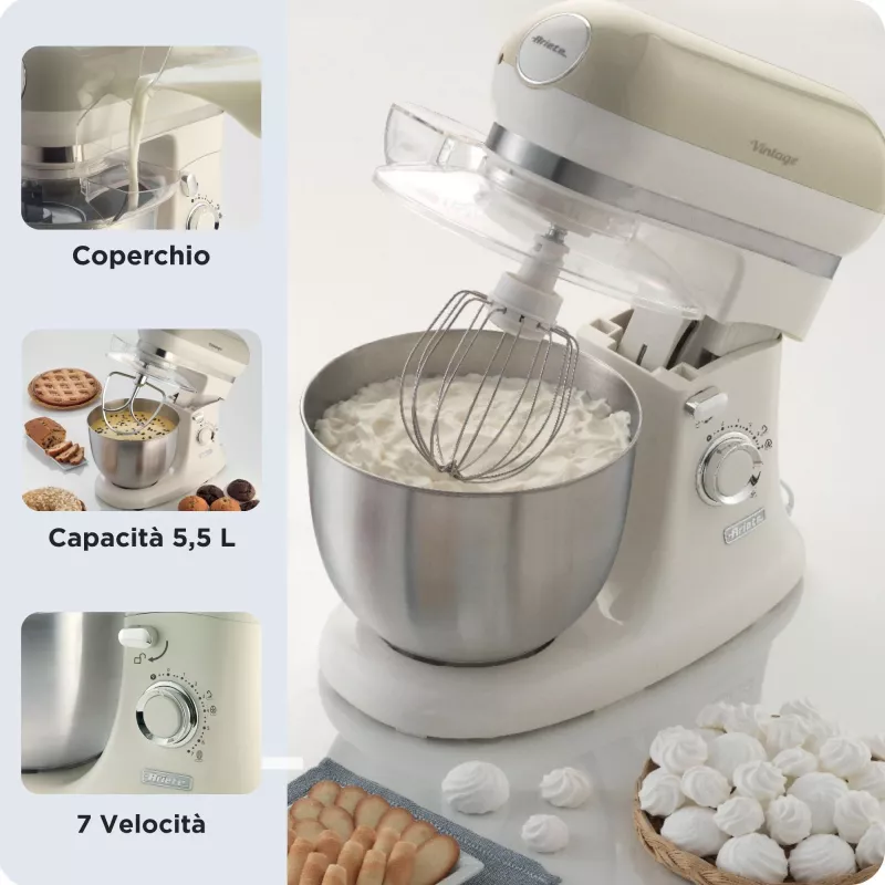 Ariete 1588 Vintage Mixer, Planetary Mixer for bread, pizza, cakes and pastries,5.5 L Capacity, 7 speeds, 2400 Watts, Pastel Beige