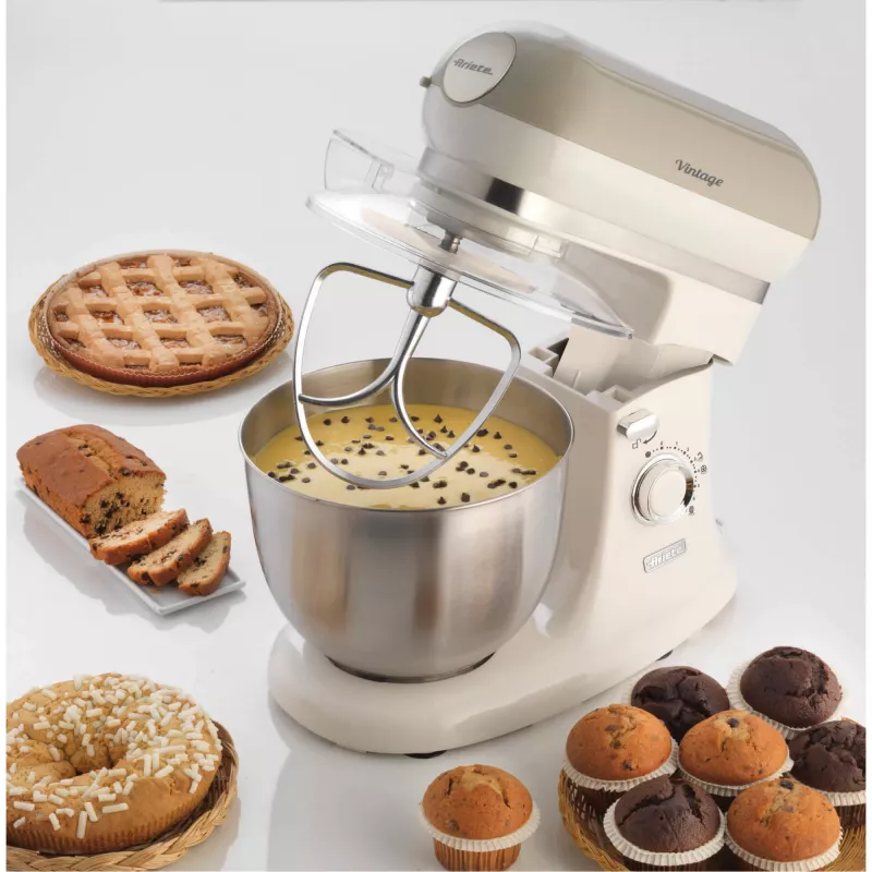 Ariete 1588 Vintage Mixer, Planetary Mixer for bread, pizza, cakes and pastries,5.5 L Capacity, 7 speeds, 2400 Watts, Pastel Beige