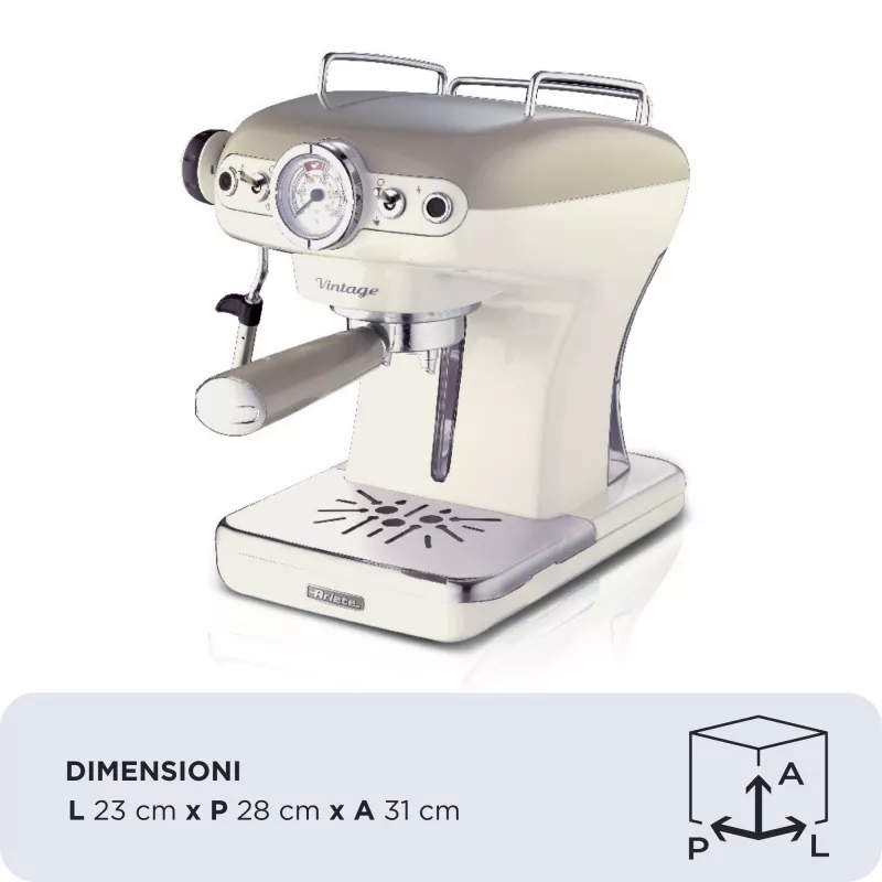 Ariete 1389 Vintage Espresso Coffee Machine - Espresso coffee machine for ground coffee or ESE pods, in a pastel beige colour