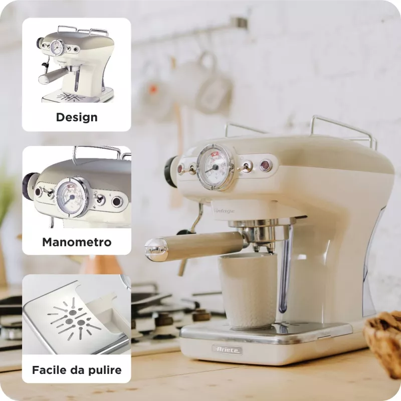 Ariete 1389 Vintage Espresso Coffee Machine - Espresso coffee machine for ground coffee or ESE pods, in a pastel beige colour