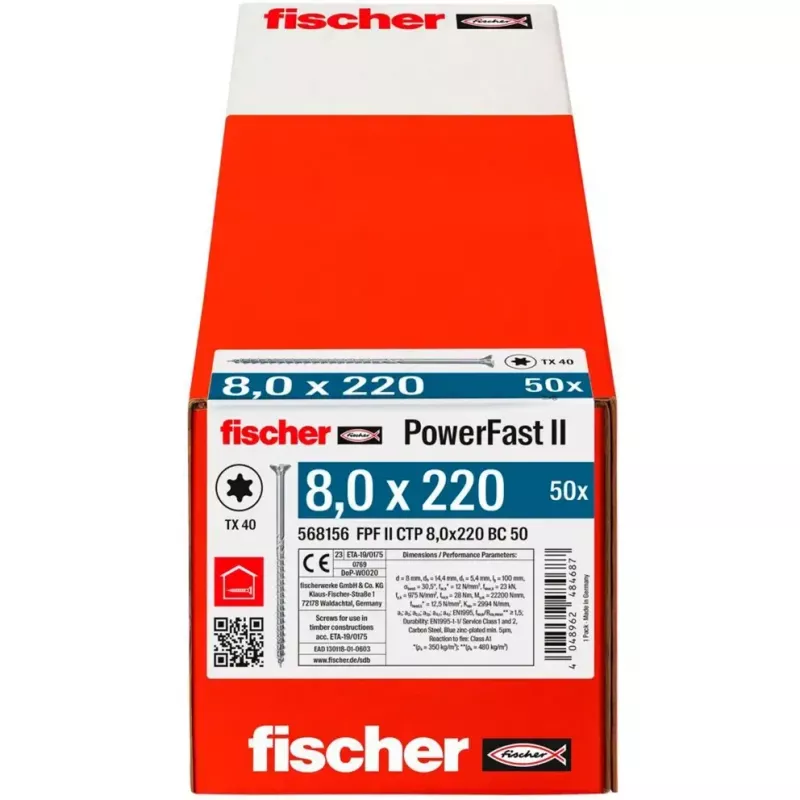 Wood construction screw FISCHER PowerFast II 8.0x220 mm countersunk head TX galvanized