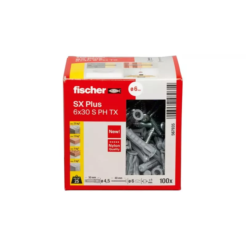 Screw & wall plug kit Fischer 567935 100 pcs Nylon 6 mm drill hole
