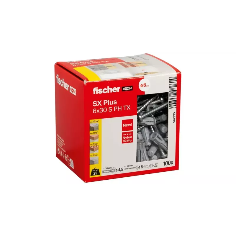 Screw & wall plug kit Fischer 567935 100 pcs Nylon 6 mm drill hole
