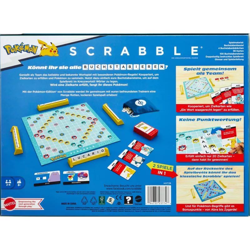 Games Scrabble Pokémon Board Game, Classic Family Word Game with Two Ways to Play for 2-4 Players, German Edition