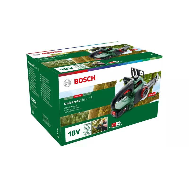 Cordless chainsaw Bosch UniversalChain 18 — 13.5 cm chain bar, 20 cm blade, 2.5 Ah battery, 3 kg
