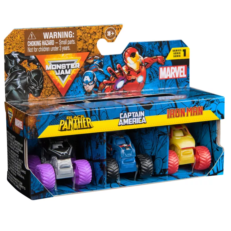 Monster Jam , Marvel Mini Monster Truck 3-Pack, Black Panther, Captain America, Iron Man Die-Cast Monster Trucks, 1:87 Scale, Kids Toys for Boys Ages 3 and Up