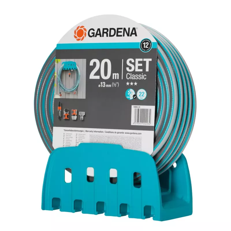Gardena Wall-Mounted Hose Holder with Classic Hose 13 mm (1/2"), 20 m, Grey/Turquoise