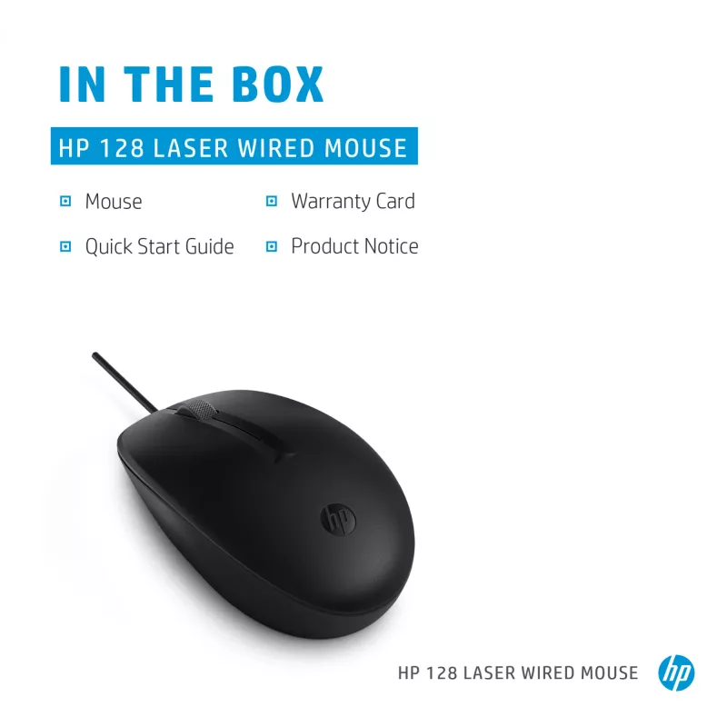 HP 128 Laser Wired Mouse, Ambidextrous, Laser, USB Type-A, 1200 DPI, Black