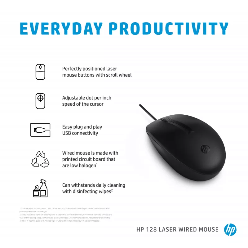 HP 128 Laser Wired Mouse, Ambidextrous, Laser, USB Type-A, 1200 DPI, Black
