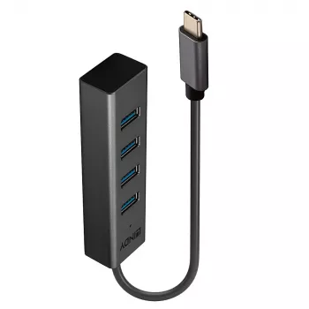 Lindy 4 Port USB 3.2 Type C Hub, USB 3.2 Gen 1 (3.1 Gen 1) Type-C, USB 3.2 Gen 1 (3.1 Gen 1) Type-A, 5000 Mbit/s, Grey, Aluminium, Plastic, 0.3 m