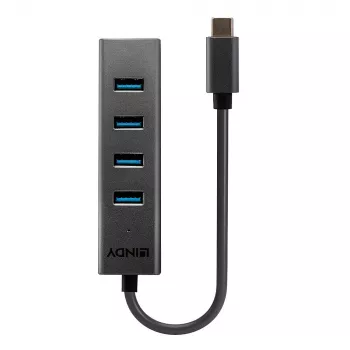 Lindy 4 Port USB 3.2 Type C Hub, USB 3.2 Gen 1 (3.1 Gen 1) Type-C, USB 3.2 Gen 1 (3.1 Gen 1) Type-A, 5000 Mbit/s, Grey, Aluminium, Plastic, 0.3 m
