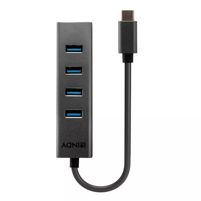 Lindy 4 Port USB 3.2 Type C Hub, USB 3.2 Gen 1 (3.1 Gen 1) Type-C, USB 3.2 Gen 1 (3.1 Gen 1) Type-A, 5000 Mbit/s, Grey, Aluminium, Plastic, 0.3 m