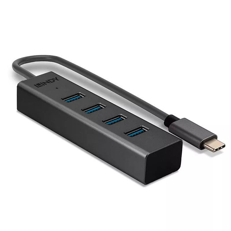 Lindy 4 Port USB 3.2 Type C Hub, USB 3.2 Gen 1 (3.1 Gen 1) Type-C, USB 3.2 Gen 1 (3.1 Gen 1) Type-A, 5000 Mbit/s, Grey, Aluminium, Plastic, 0.3 m