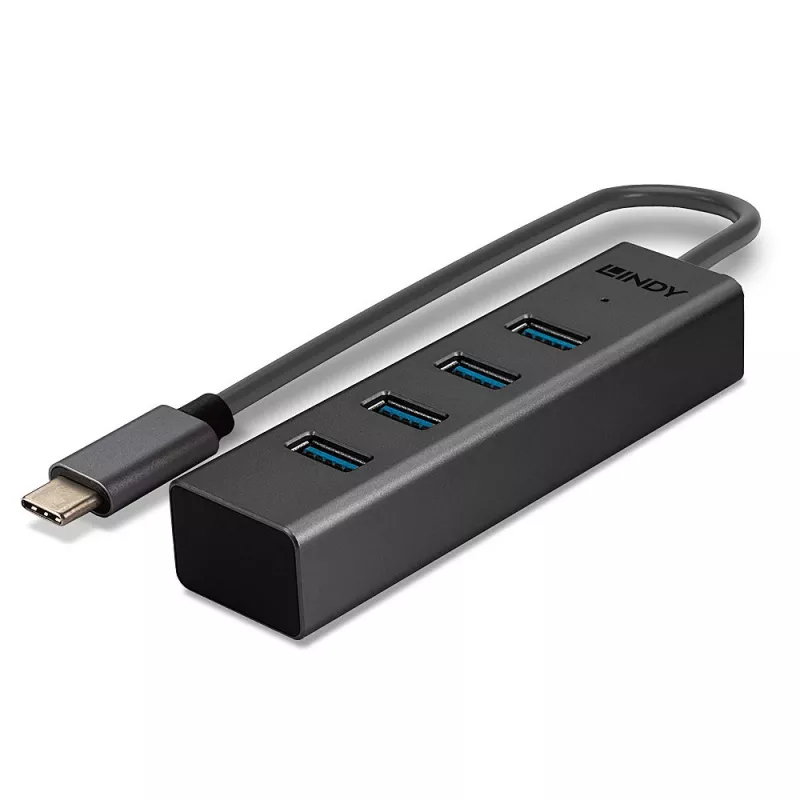 Lindy 4 Port USB 3.2 Type C Hub, USB 3.2 Gen 1 (3.1 Gen 1) Type-C, USB 3.2 Gen 1 (3.1 Gen 1) Type-A, 5000 Mbit/s, Grey, Aluminium, Plastic, 0.3 m