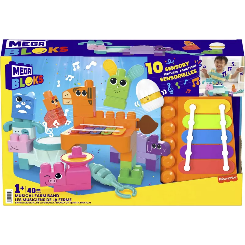 MEGA BLOKS Fisher Price Musical Farm Band Sensory Block Toy (45 Pieces) for Toddler