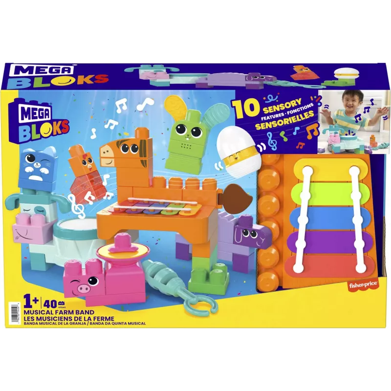 MEGA BLOKS Fisher Price Musical Farm Band Sensory Block Toy (45 Pieces) for Toddler