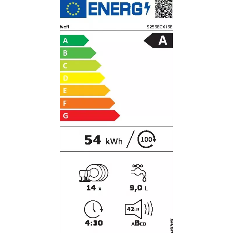 Dishwasher NEFF S255ECX15E fully built-in, 14 place settings, A energy class, 42 dB, Home Connect