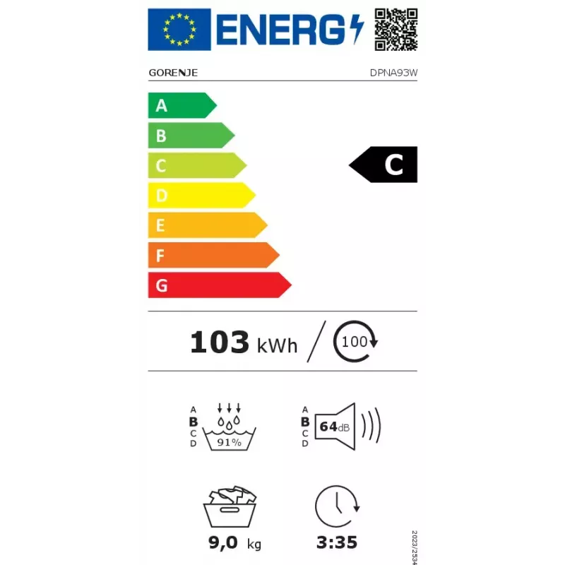 Tumble dryer Gorenje DPNA93W heat pump, freestanding front-load, 9 kg, white, energy class C