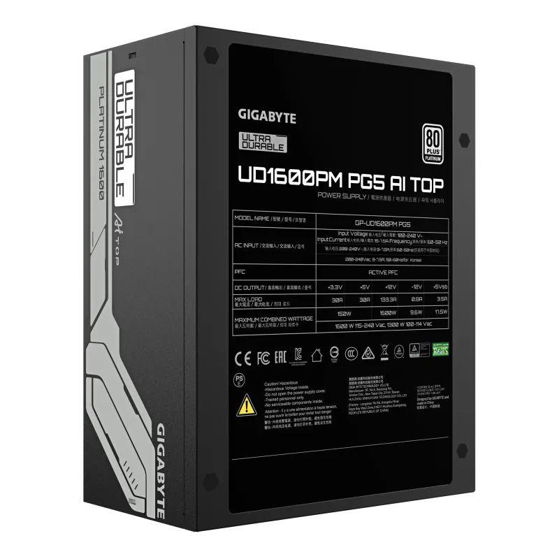 Power supply GIGABYTE UD1600PM PG5 1600W, 80 PLUS Platinum, 92% efficiency, 20+4 pin ATX, 120 mm fan, black