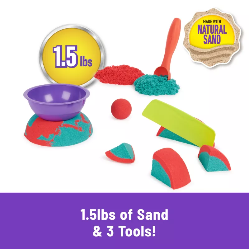 Children's Kinetic Sand Kit Spinmaster Mold n’ Flow 1.5 lb Red & Teal with 3 Tools (Ages 3+)
