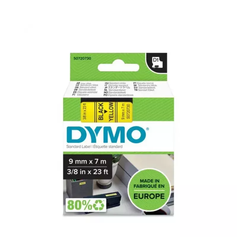DYMO Authentic D1 Labels | Black Print on Yellow Tape | 9 mm x 7 m | Self-Adhesive Labels for LabelManager Label Makers | Made in Europe