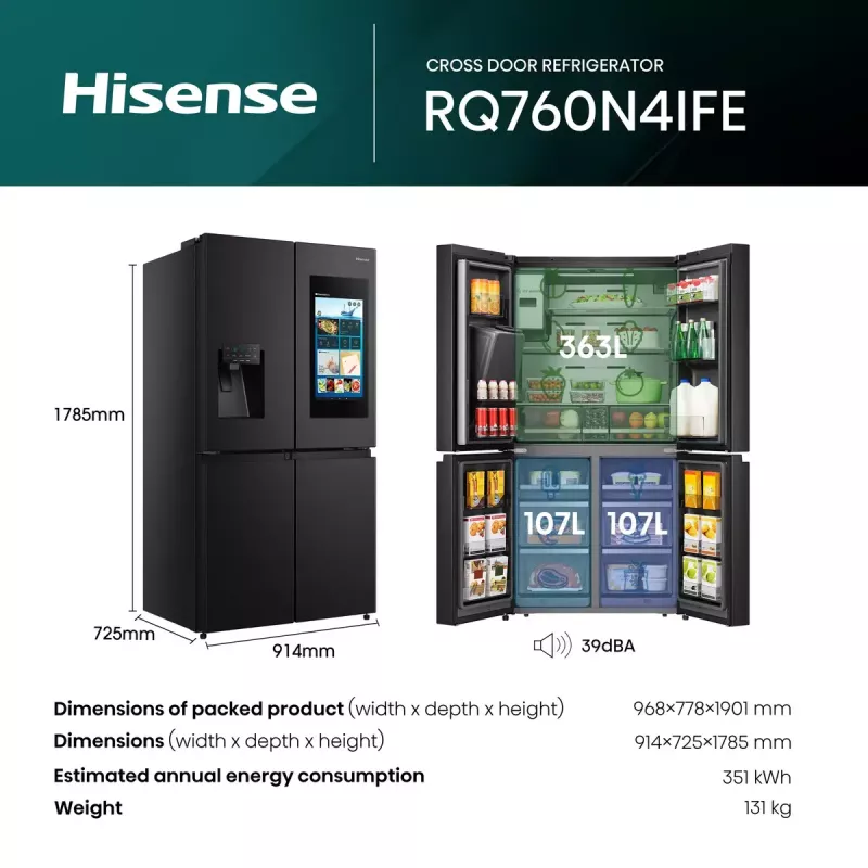 Hisense Cross door refrigerator RQ760N4IFE – Freestanding multi-door, 577 L total capacity, Black