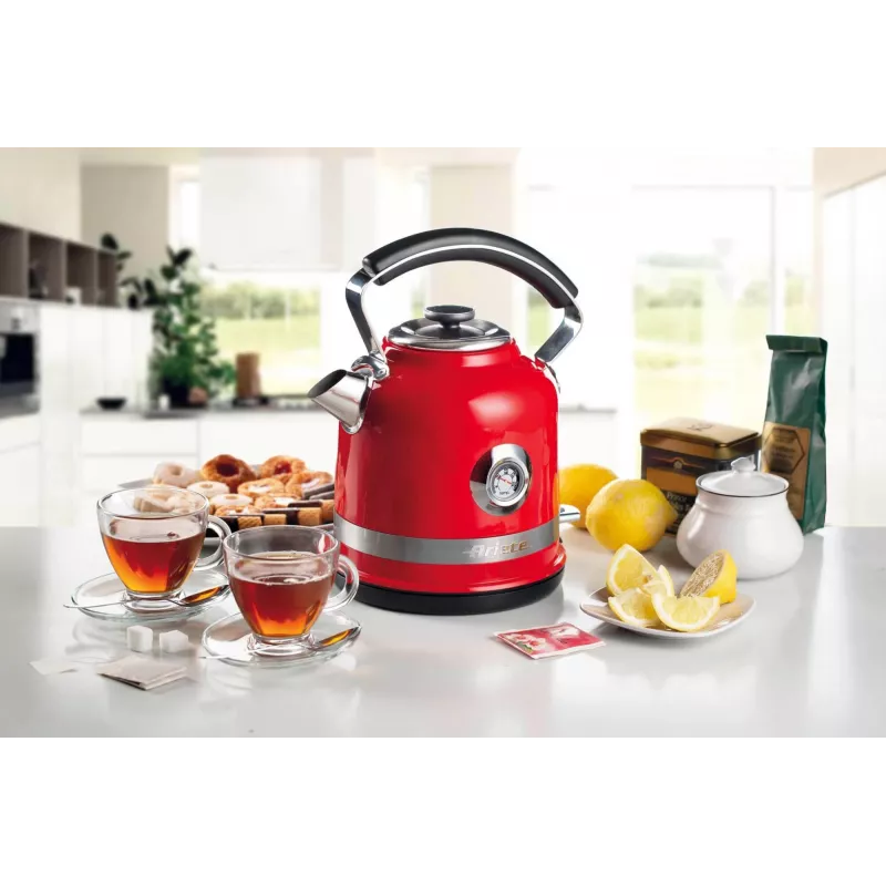 Ariete 2854 Moderna Electric Kettle, 2000 W, 1.7 L Capacity, 360° Cordless, Automatic Shut-off System, Removable Filter, Visible Water Level, Thermometer, red