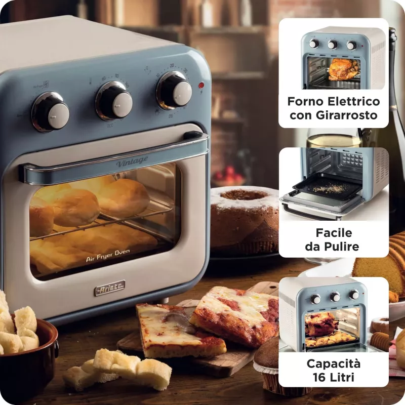 Ariete 4632 Air fryer and oven Vintage, 1400W, 2in1, Capacity 16L, Accessories included, Timer 60 minutes, Double glass, blue