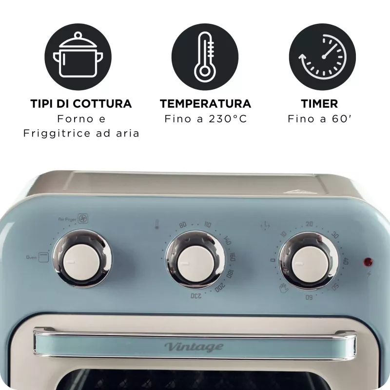 Ariete 4632 Air fryer and oven Vintage, 1400W, 2in1, Capacity 16L, Accessories included, Timer 60 minutes, Double glass, blue