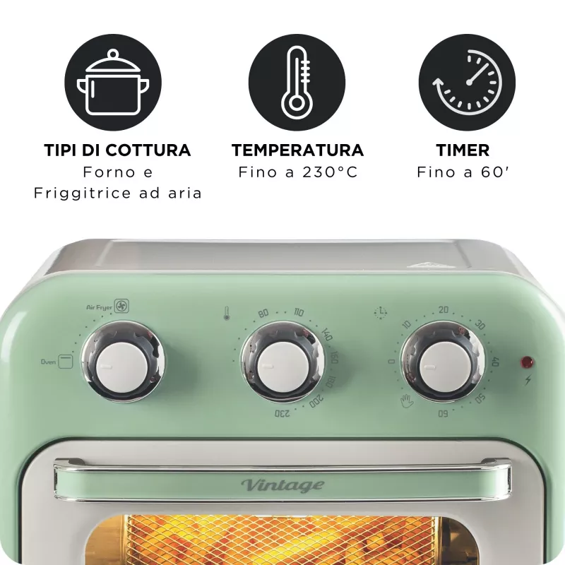 Ariete 4632 Air fryer and oven Vintage, 1400W, 2in1, Capacity 16L, Accessories included, Timer 60 minutes, Double glass, Green