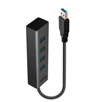 Lindy 4 Port USB 3.0 Hub, USB 3.2 Gen 1 (3.1 Gen 1) Type-A, USB 3.2 Gen 1 (3.1 Gen 1) Type-A, 5000 Mbit/s, Black, Aluminium, Plastic, 0.3 m