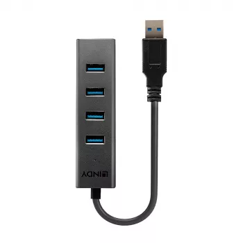 Lindy 4 Port USB 3.0 Hub, USB 3.2 Gen 1 (3.1 Gen 1) Type-A, USB 3.2 Gen 1 (3.1 Gen 1) Type-A, 5000 Mbit/s, Black, Aluminium, Plastic, 0.3 m