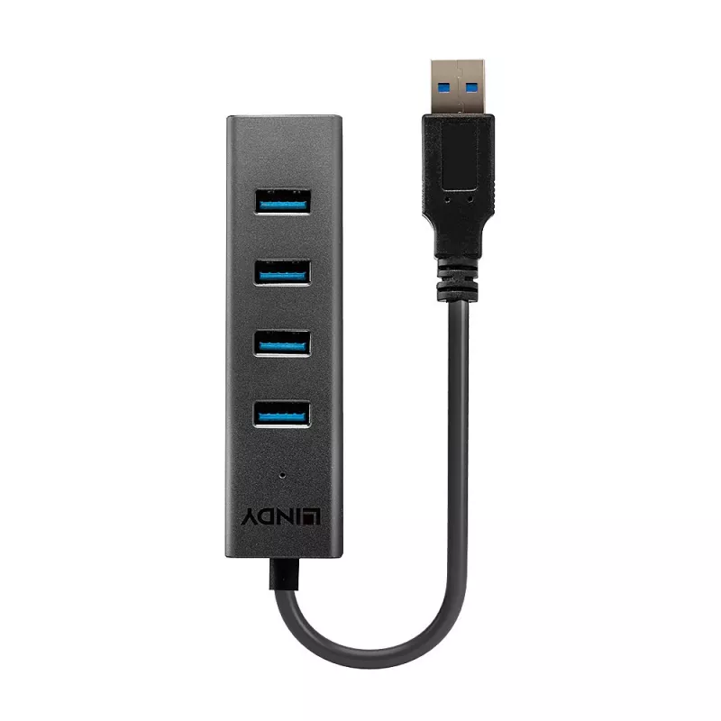 Lindy 4 Port USB 3.0 Hub, USB 3.2 Gen 1 (3.1 Gen 1) Type-A, USB 3.2 Gen 1 (3.1 Gen 1) Type-A, 5000 Mbit/s, Black, Aluminium, Plastic, 0.3 m