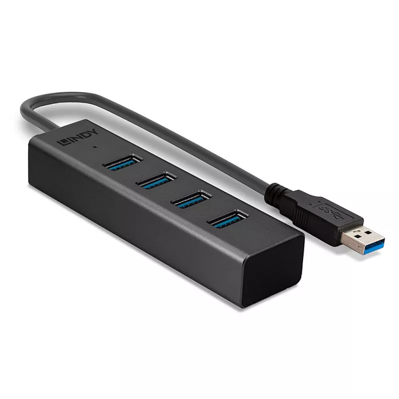 Lindy 4 Port USB 3.0 Hub, USB 3.2 Gen 1 (3.1 Gen 1) Type-A, USB 3.2 Gen 1 (3.1 Gen 1) Type-A, 5000 Mbit/s, Black, Aluminium, Plastic, 0.3 m