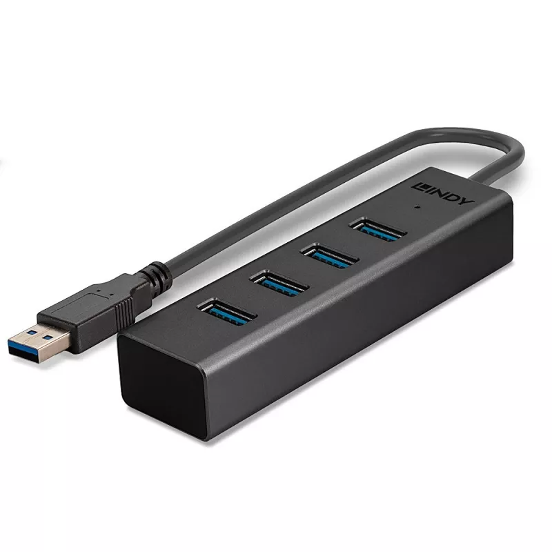 Lindy 4 Port USB 3.0 Hub, USB 3.2 Gen 1 (3.1 Gen 1) Type-A, USB 3.2 Gen 1 (3.1 Gen 1) Type-A, 5000 Mbit/s, Black, Aluminium, Plastic, 0.3 m