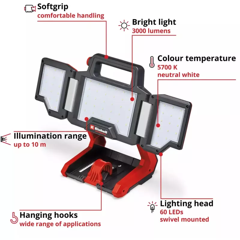 Cordless Lamp EINHELL TP-CL 18/3000 Li Set Solo — rechargeable work light, red, sold without battery and charger