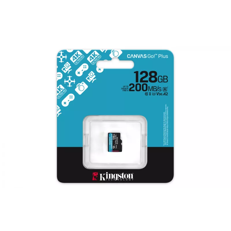 Kingston Technology 128GB microSDXC Canvas Go Plus Gen4 200R A2 U3 Single Pack w/o ADP