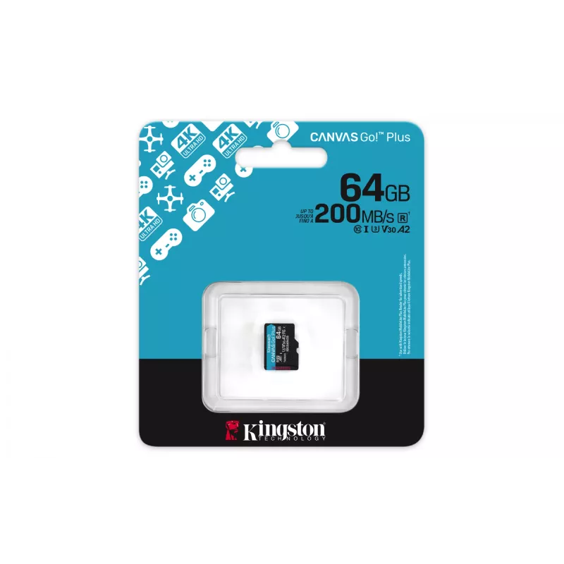 Kingston Technology 64GB microSDXC Canvas Go Plus Gen4 200R A2 U3 Single Pack w/o ADP