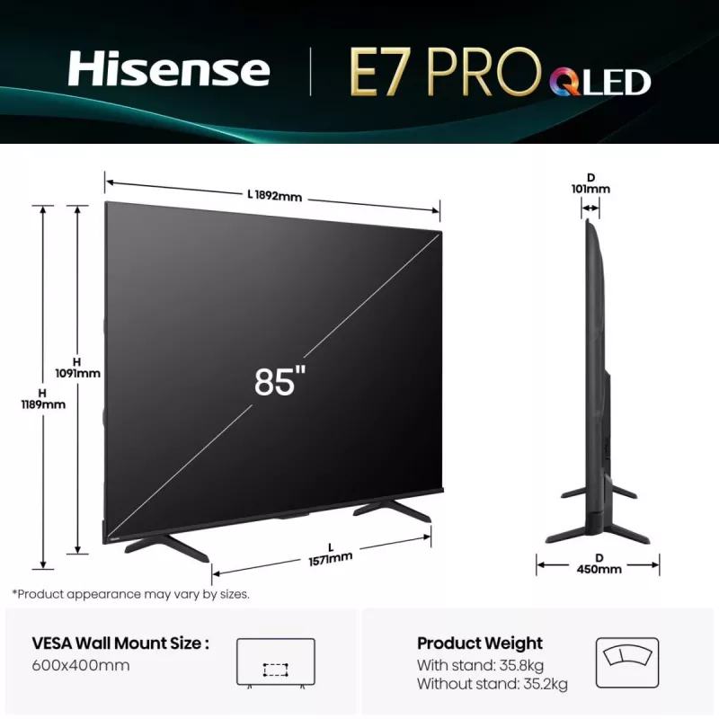 Hisense 85E77Q PRO 2.16 m (85 inch) 4K Ultra HD Smart TV Wi-Fi Black