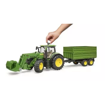 Tractor BRUDER John Deere 7R 350 with frontloader and tandemaxle tipping trailer, plastic, age 3+