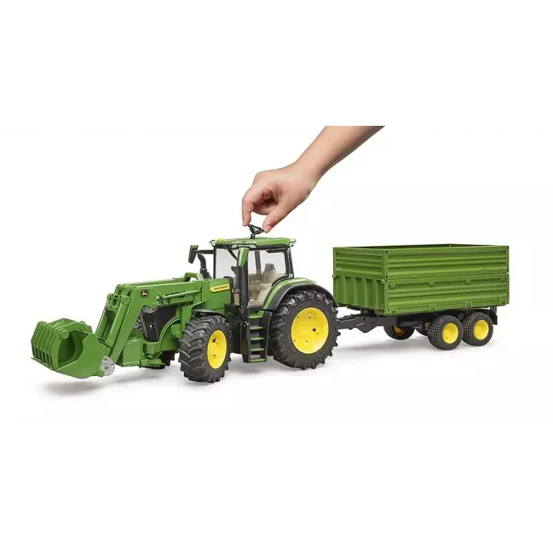 Tractor BRUDER John Deere 7R 350 with frontloader and tandemaxle tipping trailer, plastic, age 3+