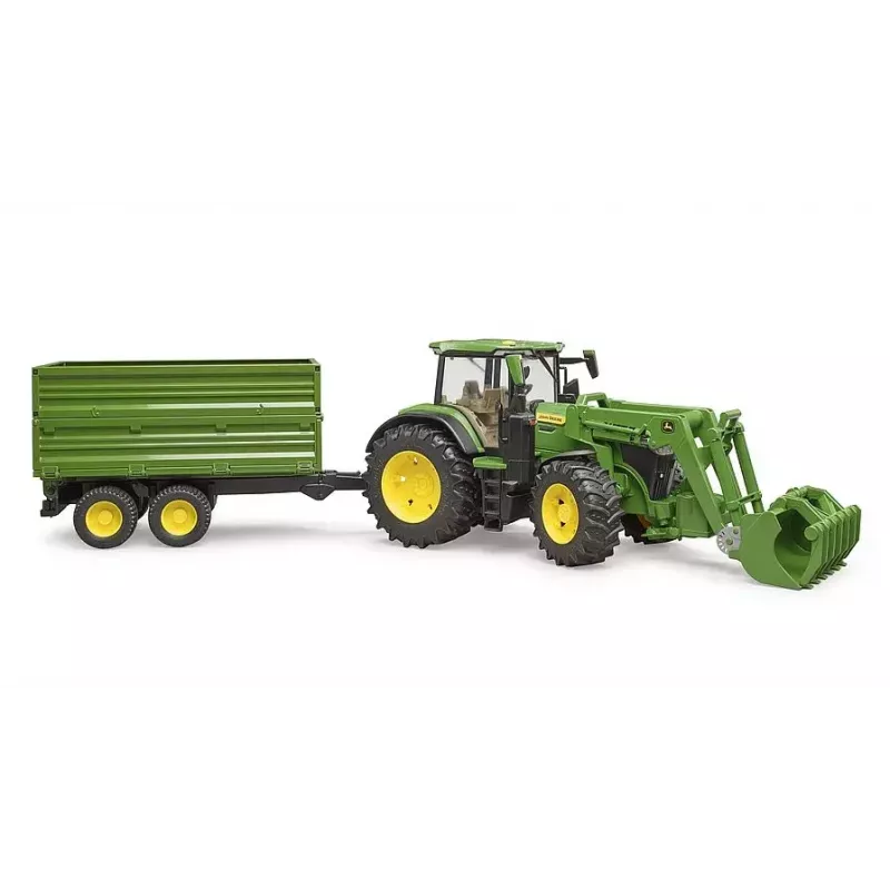 Tractor BRUDER John Deere 7R 350 with frontloader and tandemaxle tipping trailer, plastic, age 3+