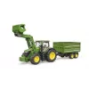 Tractor BRUDER John Deere 7R 350 with frontloader and tandemaxle tipping trailer, plastic, age 3+