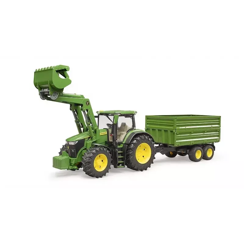 Tractor BRUDER John Deere 7R 350 with frontloader and tandemaxle tipping trailer, plastic, age 3+