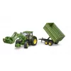 Tractor BRUDER John Deere 7R 350 with frontloader and tandemaxle tipping trailer, plastic, age 3+