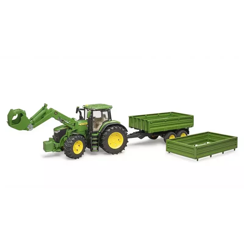 Tractor BRUDER John Deere 7R 350 with frontloader and tandemaxle tipping trailer, plastic, age 3+